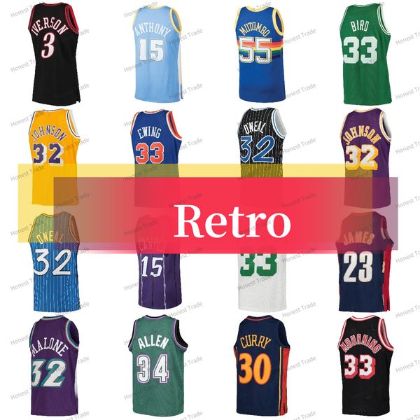 Maillot de basket rétro Larry Bird James Carmelo Anthony Dikembe Mutombo Curry Ray Allen Patrick Ewing Allen Iverson Carter Karl Malone Maillots pour hommes cousus