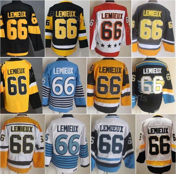 Maillot de hockey rétro 66 Lemieux CCM Vintage classique retraité toutes coutures pour les fans de sport respirant pur coton manque blanc bleu jaune couleur de l'équipe pull pour hommes