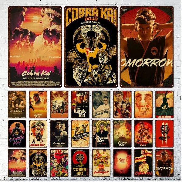 Film d'action rétro Peinture en métal Affiche Classique Kung Fu Comédie Film Cobra Kai Bar Chambre Décoration Fer Peinture Mur Art Shabby Tin Sign Plauqe Cadeau Taille 30X20CM w01