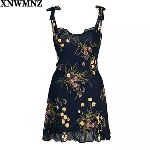 Retro Pas Spaghetti Strap Vrouwen Jurk Chiffon Vestid Chic Navy Floral Print Ruffles Summer Mini Dress Drop Ship 210520