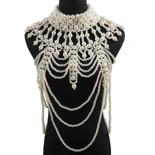 Retro avanzado perlas cristal cuerpo joyería cadena sexy hecho a mano con cuentas mujeres vestido de novia nupcial collar grande joyería Accessor253T