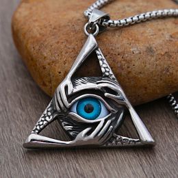 Retro Alziende Oog Hanger Ketting Punk Driehandige Omhelzing Driehoek Boze Oog Ketting 14K Wit Goud Mannen sieraden Cadeau