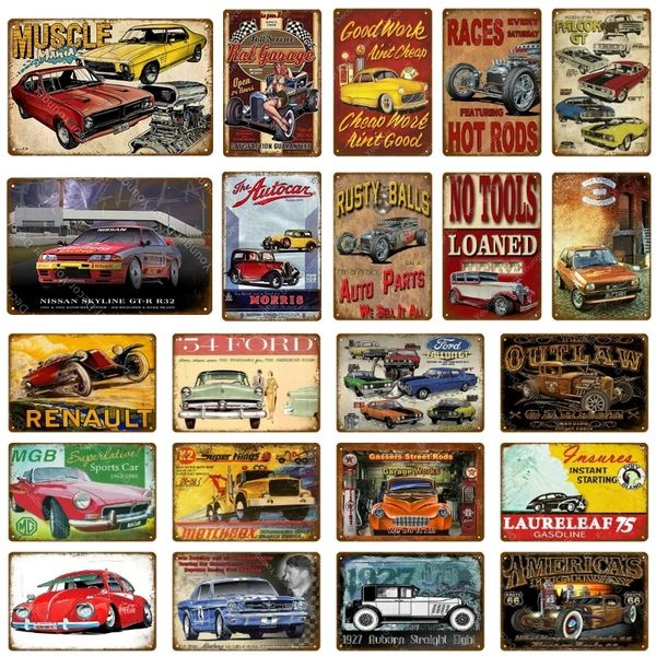 Retro American Car cartel de hojalata Letreros de metal Pub Bar Room Decoración de garaje Vintage man cave Decoración para el hogar Hot Rods Races Poster Etiqueta de la pared decoración Tamaño 30X20CM w02