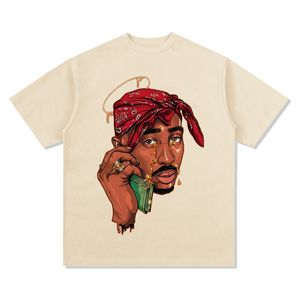 Retro Amerikaans hiphop heren T-shirt met print en korte mouwen, gewassen losse katoenen ronde hals
