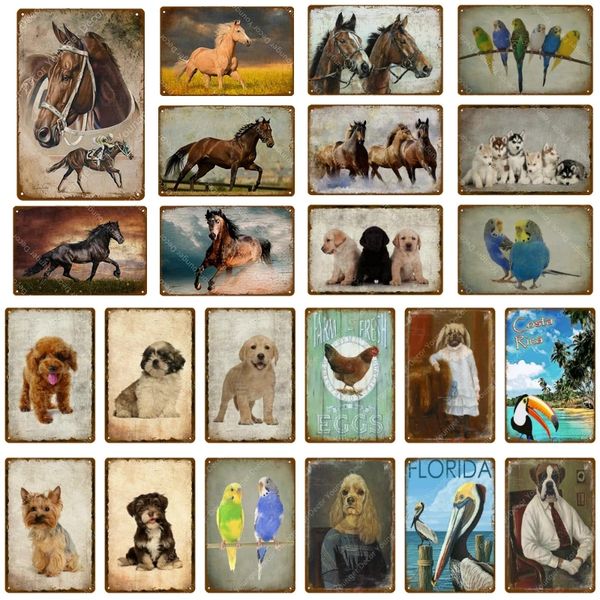 Pintura de arte animal retro Caballo Perro Loro Florida Etiqueta de la pared Letreros de metal Regalos para niños para Pub Bar Decoración para el hogar Pintura de arte vintage Tamaño del cartel 30X20CM w02