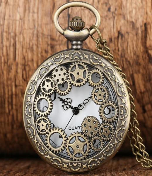 Retro Antique Copper Steampunk Hollow Bronze Gear Bronce Quartz Pocket Watch Cadena de reloj colgante Men039s Women039s Collar 3681113