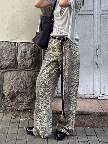 Retro Baggy Leopard Print Femmes Jeans Y2K American Wide Jam Leg Boyfriend Boyfreed Loose Overs Dimediaship Hip Hop pantalon 240423