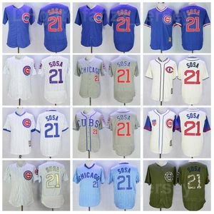 Retro Honkbal 21 Sammy Sosa Jersey Retire Pullover Pinstripe All Stitched Team Kleur Blauw Grijs White Army Green Cooperstown 1929 1942 Vintage uitstekende kwaliteit