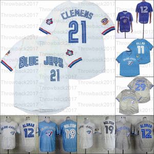 Maillot de Baseball rétro à domicile, 29 CARTER, 19 MOLITOR, 21 CLEMENS, 12 ALOMAR, 11 PILIER