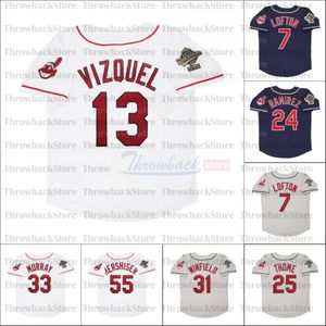 Maillot de baseball rétro maillots 1995 25 Thome 13 Omar Vizquel 7 Kenny Lofton 24 Manny Ramirez 8 Albert Belle 15 Sandy Alomar 55 Hershiser