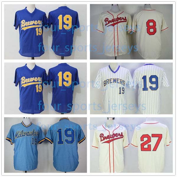 Maillots de baseball rétro 8 Ryan Braun 19 Robin Yount 27 Carlos Gomez Noir Taille S--6XL