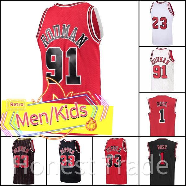 Enfants Retro Basketball Michael Jersey 1 Derrick Rose Scottie Dennis Pippen Rodman Rouge Blanc Noir Hommes Jeunesse 23 Maillots cousus Chemises Fan cadeau