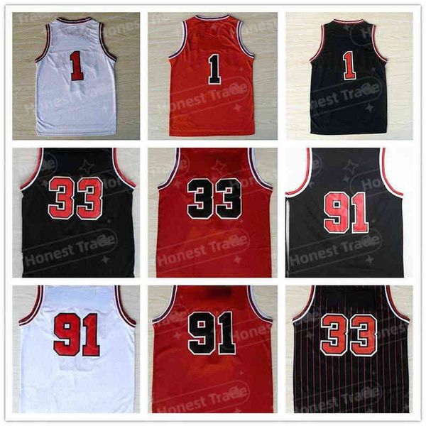 Basketball rétro # 1 Derrick Rose Uniformes # 33 Scottie Pippen Jersey # 91 Dennis Rodman Sportswear T-shirt homme cousu taille S-2XL Throwback