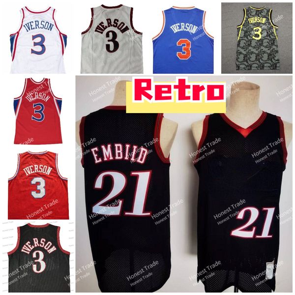 Jersey de baloncesto retro 21 Joel Allen Iverson 3 Embiid Throwback Jerseys Negro Blanco Rojo Jerseys para hombre cosidos