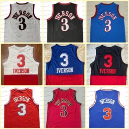 Maillot de basket-ball rétro 3 Allen Iverson, noir, blanc, rouge, couleur fendue, Vintage, cousu pour hommes, maille