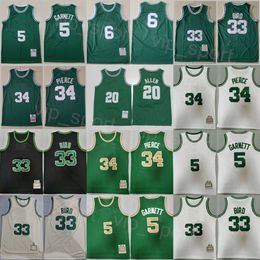 Retro basketbal Paul Pierce Jerseys 34 Man Vintage Kevin Garnett 5 Ray Allen 20 Bill 6 Larry Bird 33 Shirt Team Groen Wit Zwart Beige Kleur Alles gestikt Throwback