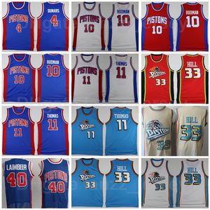 Retro Basketball Vintage 33 Grant Hill Jersey 11 Isiah Thomas 40 Bill Laimbeer 10 Dennis Rodman 4 Joe Dumars Blauw Wit Rood Beige