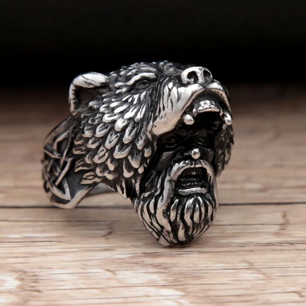 Retro Bear Warrior Anillos vikingos para hombres Color de plata 14K Gold Nordic Viking Ring Punk Biker Joya Tamaño 7-15