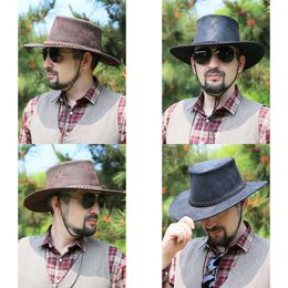 Retro Berets Western Cowboy Hat Mens Automne en cuir authentique Grande tête circonférence Brim Knight's Cap Winter Tibetan Tibétain Qualité