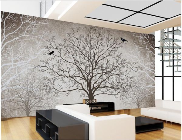 Papier peint rétro noir et blanc, arrière-plan de télévision, arbre 3d, paysage, décoration de la maison, motifs muraux 3d