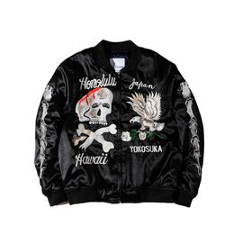 Chaqueta bordada negra retro Outwear Hombres Vintage Skull Floral Chaquetas y abrigos para hombre Ropa informal japonesa Hip Hop Bomber 231225