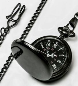 Retro Black Fashion Smooth Sampunk Quartz Pocket Watch Pendentif en acier inoxydable Chaîne de 37 cm pour les hommes Women8646185