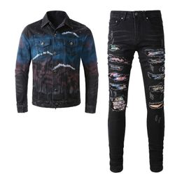 Ensembles rétro noirs pour hommes, veste en jean peint Hungry Wolf et patch brodé, jean extensible, ensemble deux pièces, vêtements pour hommes High Street