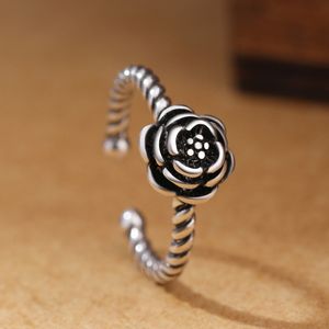 Bagues rétro en argent 925 avec Rose noire pour femmes, anneau ouvert à fleurs, bijoux de Boutique