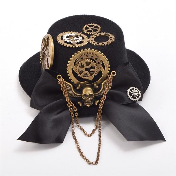 Rétro noir Steampunk Mini trop chapeau Costume accessoires femmes crâne ailes engrenage motif pince à cheveux Punk gothique pinces à cheveux Headwear244n