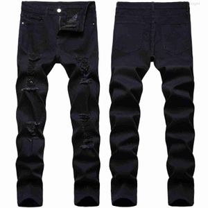 Pantalones de mezclilla casuales de moda de alta calidad con agujero elástico negro retro