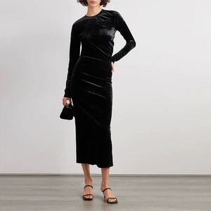Retro zwarte veet asymmetrische verticale gesneden geplooide slanke fit wrap billen ronde nek middelste lengte jurk