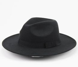 Chapeaux en feutre de laine noire rétro pour femmes et hommes, chapeaux Fedora en feutre unisexe avec nœud à large bord, chapeaux de soleil, chapeau de Performance en dôme 10909263019762