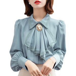 Retro blauwe chiffon blouse herfst lente strik werkkleding OL tops elegante dames kanten shirt met lange mouwen 240322