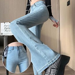 Retro blauwe elastische jeans dames hoge taille show flare broek collectie desnim wijde pijpen slim fit 231228