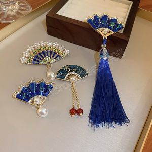Retro Blue Fan Pin Vintage Broches For Women Tassel Imitatie Parels Scarf Suit broches Pins Femme Party Sieraden Gift