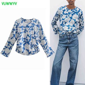 Retro Blue Floral Print Top Vrouwen Blouses Streetwear Satijnen Shirt Vrouw Lange Knoppen Mouw Geplooide Verzamelde Taille Shirts 210430