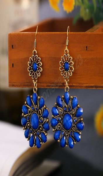 Boucles d'oreilles rétro en pierre de fleur bleue pour femmes, en forme de tournesol, en alliage de couleur or, bijoux indiens Jhumka 3963598