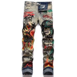 Retro blauwe graffiti herenjeans slanke stretch gescheurde gatbroek bedrukken en verven denimbroek mode casual vaqueros de hombre