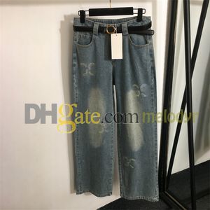 Retro Blue Jeans Color Rhingestone Letter Pantalon Denim For Women Designer High Waist Straight pantalon