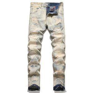 Pantalones vaqueros rasgados de retazos azules retro para hombre, pantalones vaqueros rectos ajustados con bordado, pantalones con parches desgastados