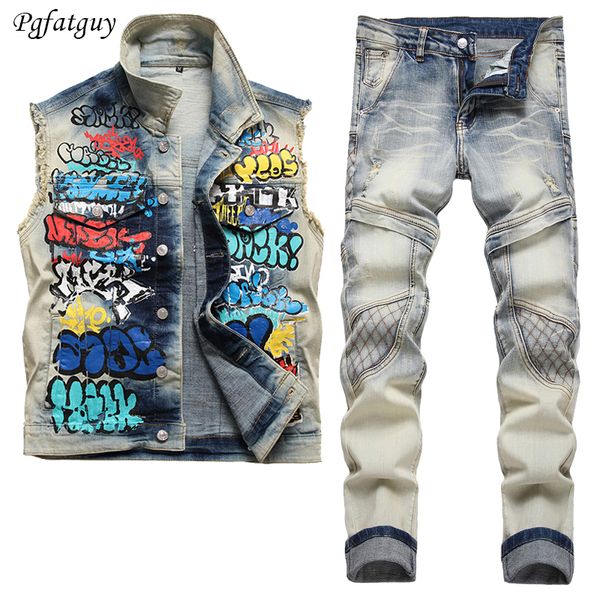 Rétro Bleu Moto Biker 2pcs Jeans Ensemble pour Hommes Lâche Casual Graffiti Denim Gilet et Coutures Déchirées Slim Biker Pantalon Vintage Streetwear