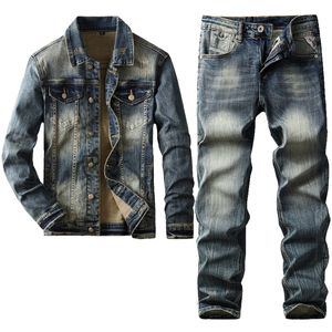 Costume en jean bleu rétro Simple pour homme, ensemble veste et pantalon en Denim classique, coupe cintrée, Style américain, Streetwear, automne-hiver, 2 pièces