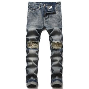 Retro Blue Slim Jeans Europese en Amerikaanse stijl Solid Hole Biker Hip Hop Denim Broek Pantalons Giet Hommes