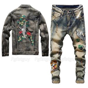 Retro Blue Tracksuit Spring Autumn Broidered Crane Mens 2pcs Pant Sets Fashion Slim Fit Denim Jacket and Stretch Jeans 240428