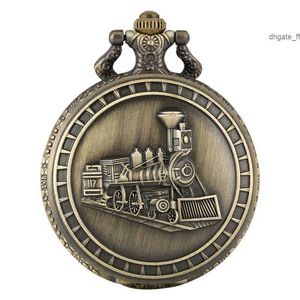 Retro Bronze 3D Locomotive Train Pattern Quartz Pocket Watch Steampunk Antique montres Collier Chaîne d'art Collectibles pour hommes Femmes