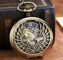 Retro Bronze Love Wing Mechanical Pocket Watch met FOB Chain Unieke dubbele zijde Open skelet Hand Wind Mechanische pocket Watch T3349771