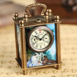 Retro Bronze Oil Painting Style Mini Home Decoration Watch Clock Unique Antique Art Handwind Mechanical Pocket Heren 240327