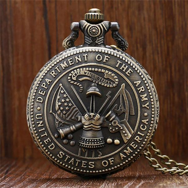 Reloj de bolsillo Retro de bronce del Departamento del Ejército de los Estados Unidos, relojes militares analógicos de cuarzo Vintage con cadena de collar Gift323V