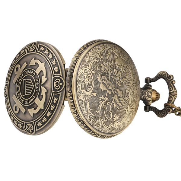 Montre de poche à quartz rétro en bronze avec thème de la garde côtière des États-Unis 1790 avec collier chaîne cadeau pour anniversaire Noël hommes femmes Ti357f