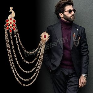 Broche Retro para traje de hombre, alfileres de cuello con borlas de pavo real con camisa de cadena, ramillete de cristal, accesorios de joyería de lujo